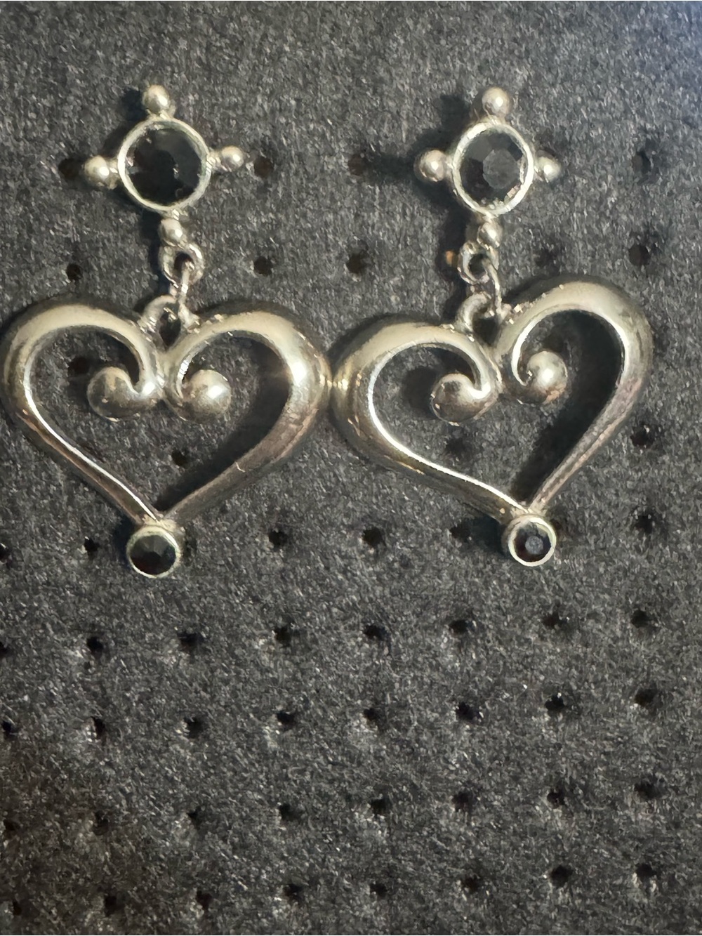 Silver Heart Drop Earrings with Black Accent